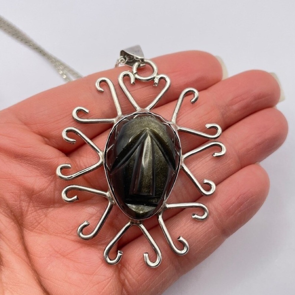 Vintage Taxco Miguel Garcia Warrior Face Pendant Necklace Golden Sheen Obsidian - Picture 8 of 10
